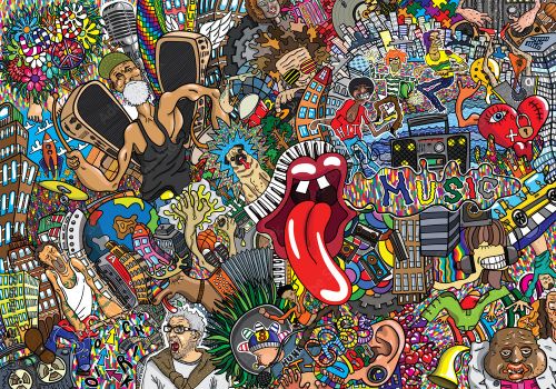 Music Collage On A Large Brick Wall Graffiti 143652204